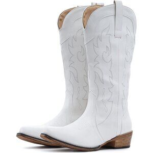 🆕Women White Boots for Women Mid Calf Fashion Cowgirl Boots with Embroidery